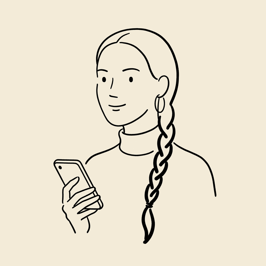 Tamar G., young researcher with a long braid, reading the published text on a phone
