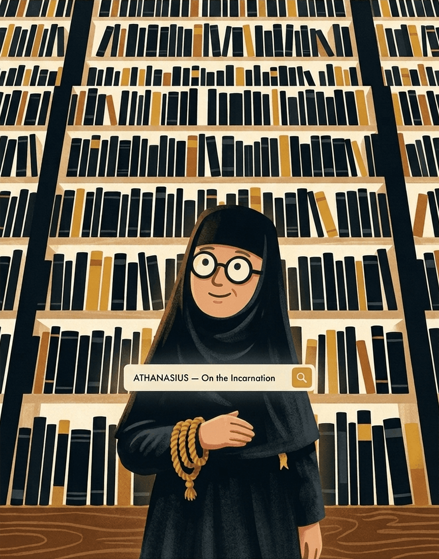 A nun searches the catalogue Athanasius: On the Incarnation in front of a wall of unread codices