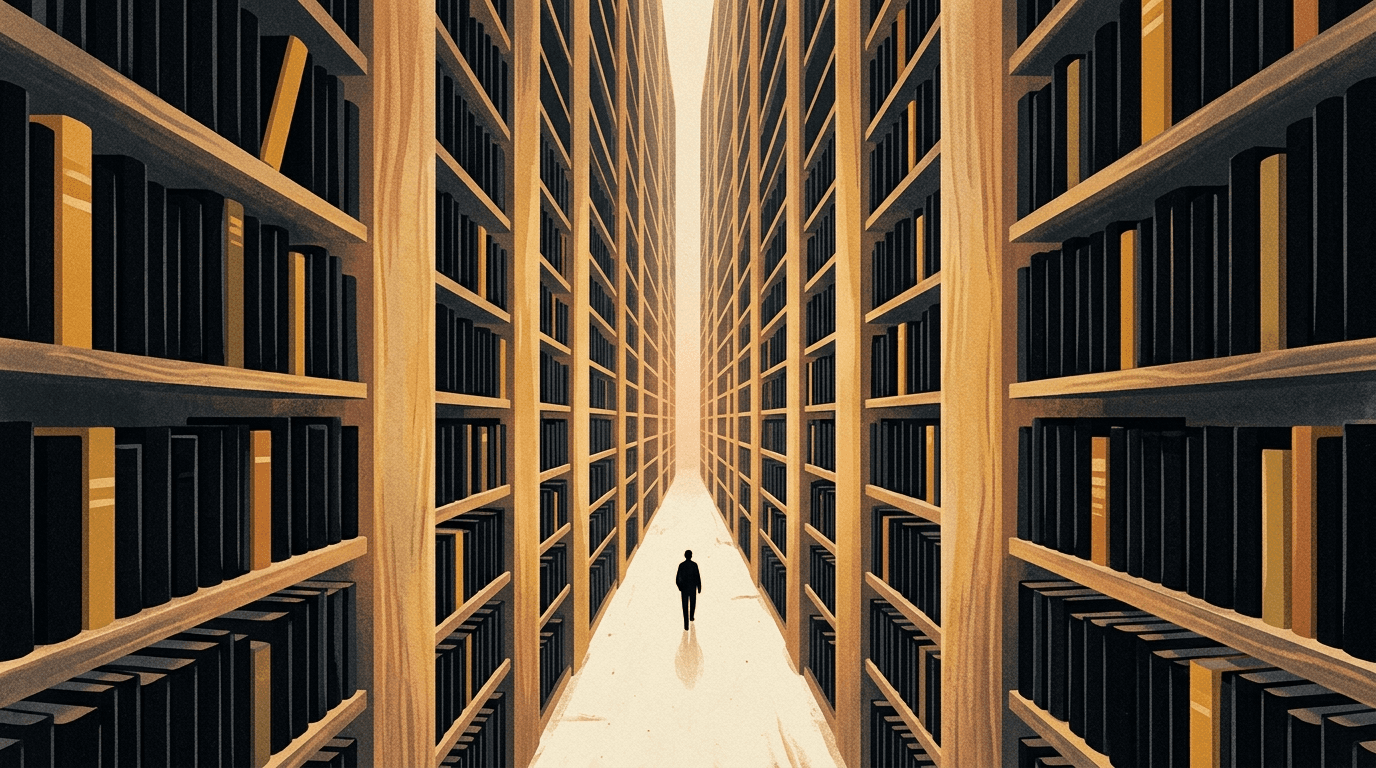 A figure walks down a narrow corridor flanked by impossibly tall library shelves receding to a distant warm-lit vanishing point
