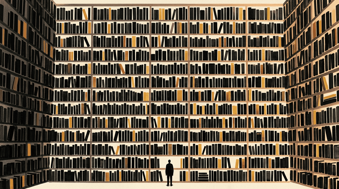 A single tiny figure standing inside a vast three-walled chamber whose every surface is shelves of catalogued codices