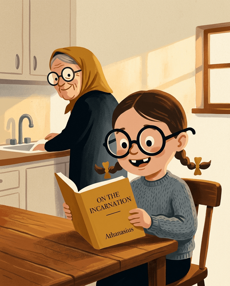 A grandmother in a mustard headscarf at the kitchen sink while a small child with oversized glasses reads Athanasius On the Incarnation at the table