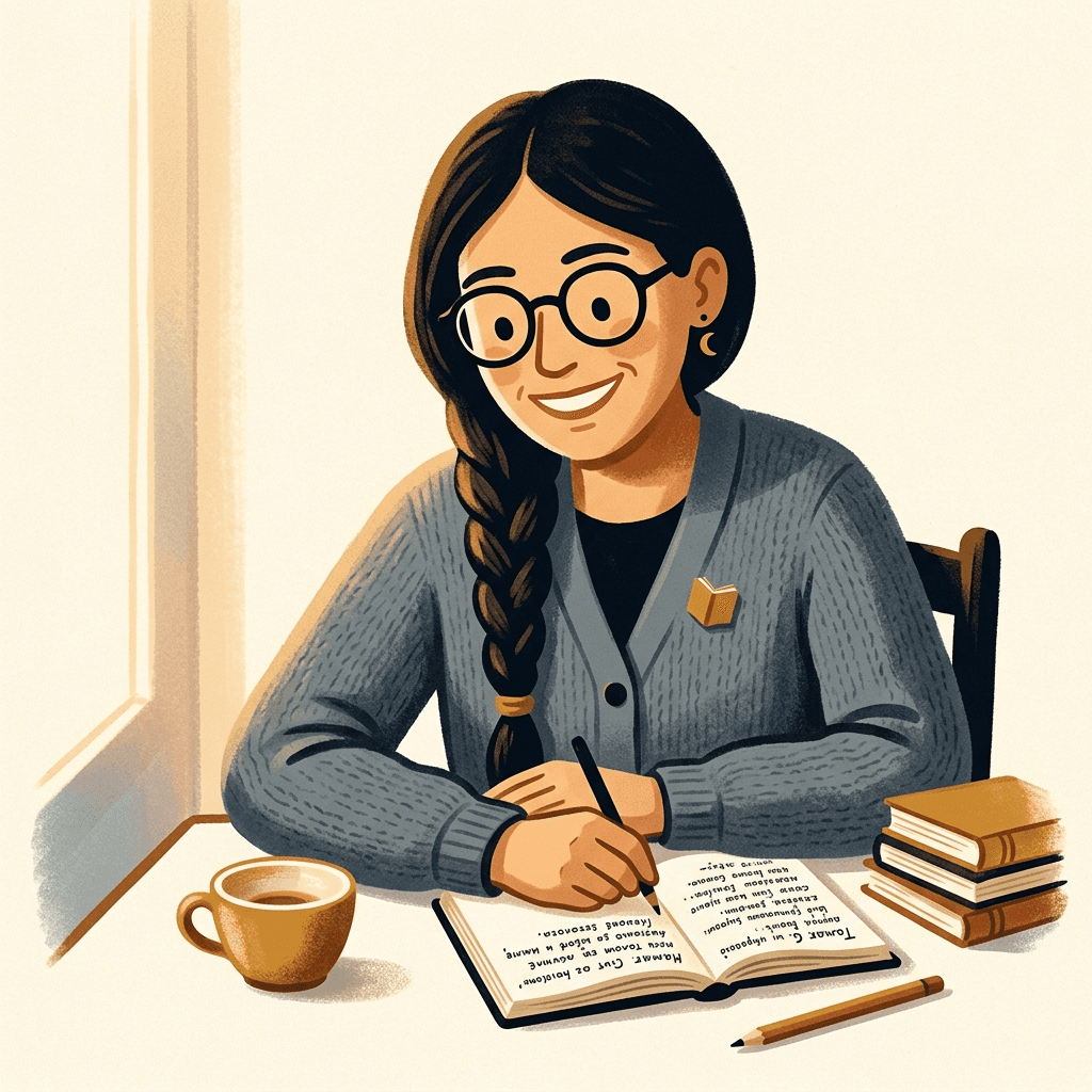 Tamar G. at a small cafe table with espresso, notebook of Greek annotations, and three reference books — paid as the professional she is