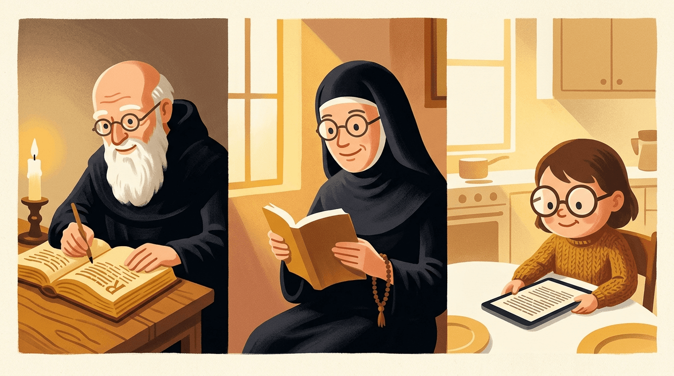 A medieval monk, a modern nun, and a contemporary child each reading the same patristic passage across centuries
