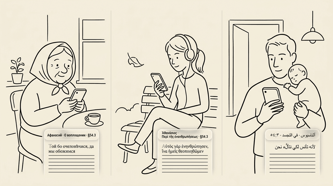 A grandmother, a student with headphones, and a young father each reading the same patristic passage on their phones in Slavonic, Greek, and Arabic