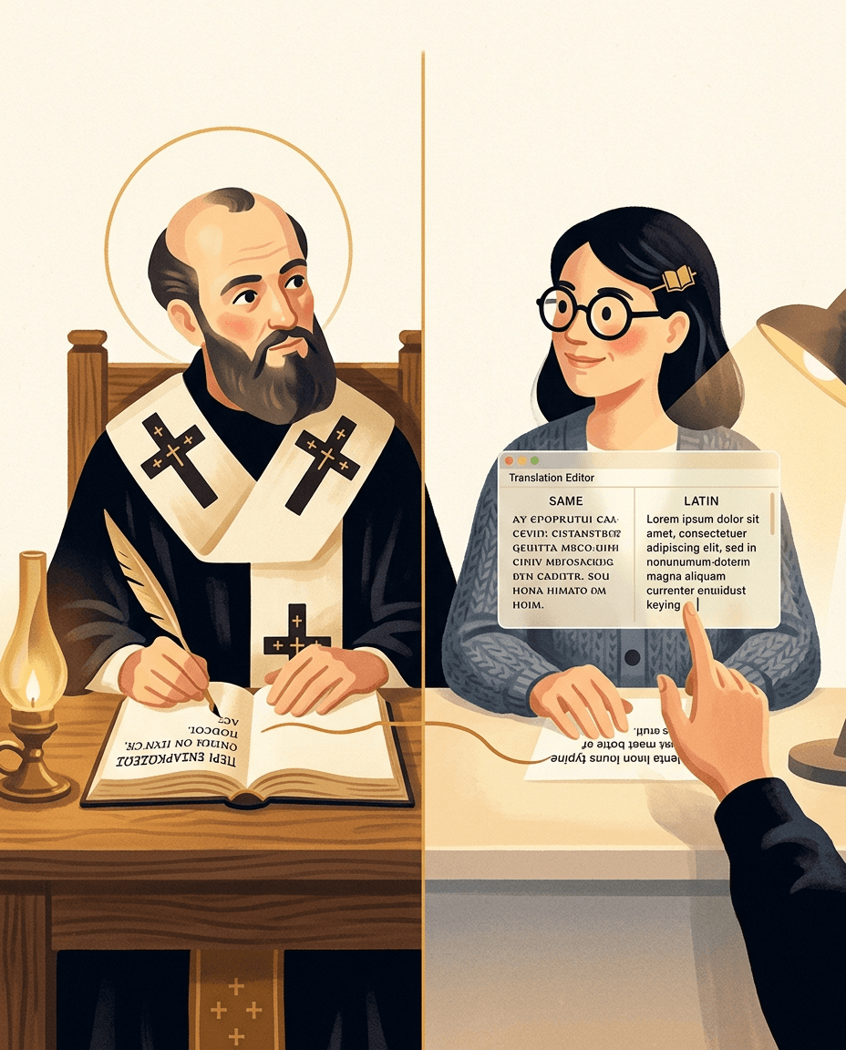 Saint Athanasius writes On the Incarnation in the 4th century while Daria K. translates it today, the quill-line continuing across centuries into her glassmorphic editor
