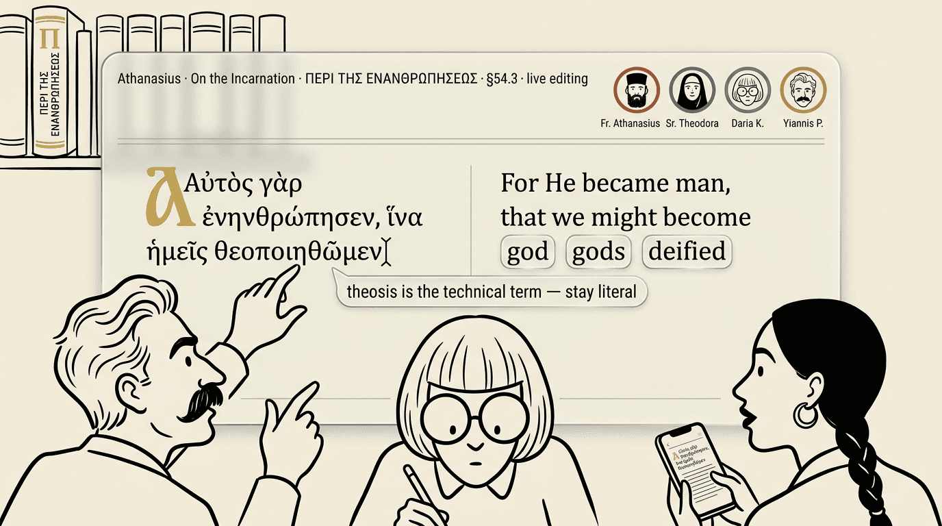 Three translators collaborating live on a single illuminated capital in a shared glass editor, Athanasius On the Incarnation §54.3